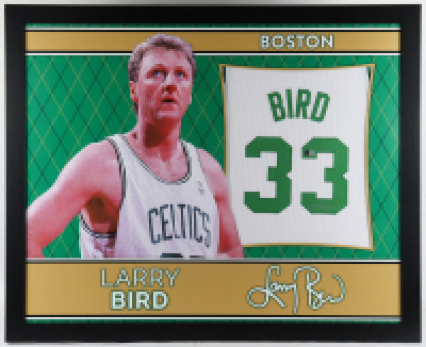 Larry Bird Signed 35 x 43 Framed White Boston Celtics Jersey (Beckett QR Code)