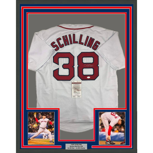 Framed Signed Curt Schilling 35x39 Boston White Jersey JSA COA Auto
