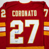 Autographed/Signed Matt Coronato Calgary Red Hockey Jersey Beckett BAS COA
