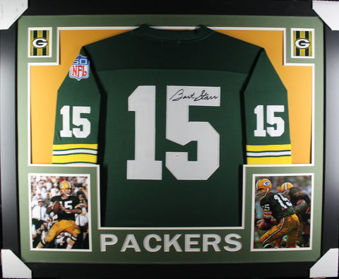 Bart Starr Autographed/Signed Pro Style Framed Green Jersey JSA 40125