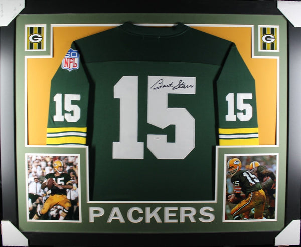 Bart Starr Autographed/Signed Pro Style Framed Green Jersey JSA 40125