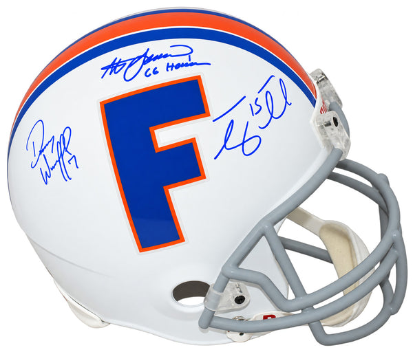 STEVE SPURRIER TIM TEBOW DANNY WUERFFEL SIGNED FLORIDA GATORS WHITE F/S HELMET