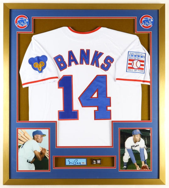 Ernie Banks Chicago Cubs 32"x 36" Framed Jersey w/ Cut Signed Display Card (PSA)