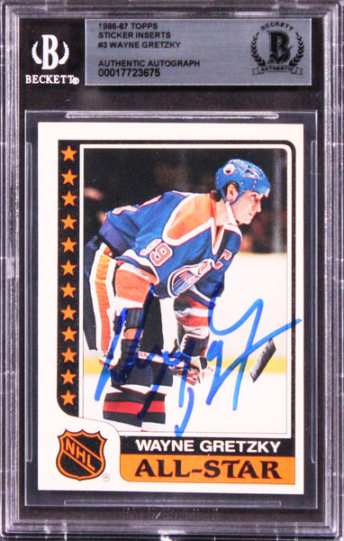 Oilers Wayne Gretzky Signed 1986 Topps Sticker Inserts Card BAS Slabbed