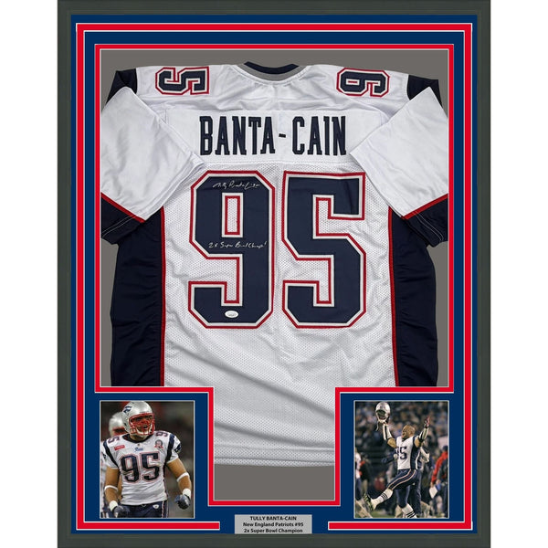 Framed Autographed/Signed Tully Banta-Cain 35x39 NE White Jersey JSA COA