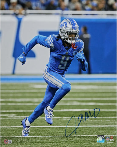 Jameson Williams Detroit Lions Signed 16x20 Running Route in Blue Jersey Photo