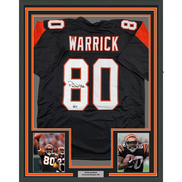 Framed Autographed/Signed Peter Warrick 35x39 Cincy Black Jersey BAS COA