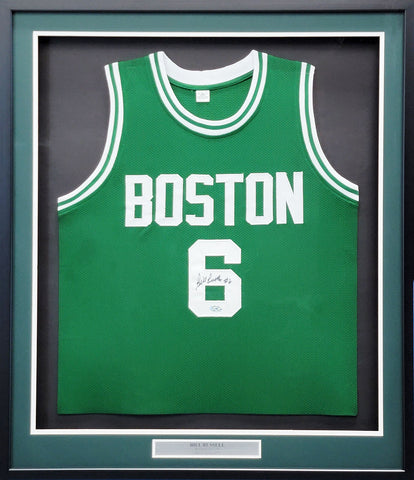 BOSTON CELTICS BILL RUSSELL AUTOGRAPHED FRAMED GREEN JERSEY JSA STOCK #206951