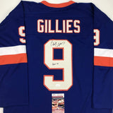 Autographed/Signed Clark Gillies HOF 02 New York Blue Hockey Jersey JSA COA