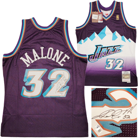 JAZZ KARL MALONE AUTOGRAPHED PURPLE & TEAL AUTHENTIC M&N JERSEY L BECKETT 211884