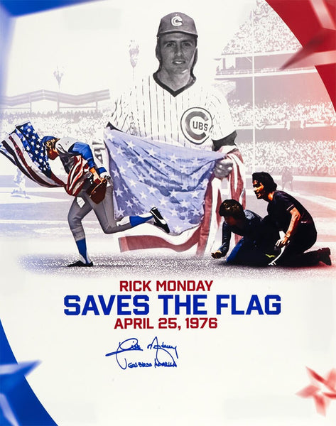 Rick Monday Signed Cubs Flag Collage 16x20 Photo w/God Bless America - (SS COA)