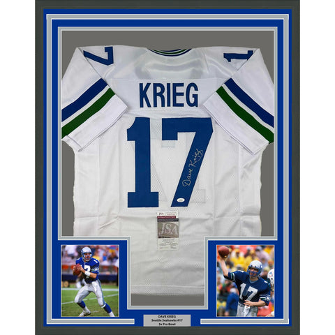 Framed Autographed/Signed David Krieg 33x42 Seattle White Jersey JSA COA