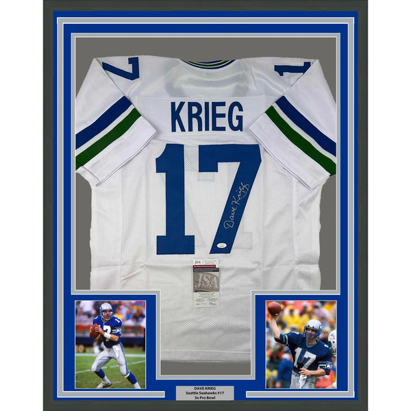 Framed Autographed/Signed David Krieg 33x42 Seattle White Jersey JSA COA