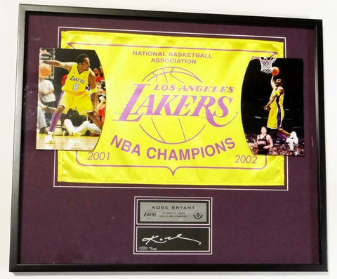 Kobe Bryant 6/100 Signed LA Lakers Framed 2001/02 NBA Champions Flag- UDA Auth