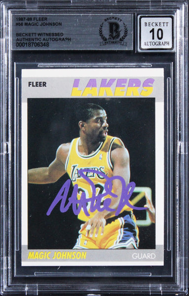 Magic Johnson Signed 1987 Fleer #56 Card Auto Graded Gem Mint 10! BAS Slabbed