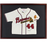 Hank Aaron Signed Milwaukee Braves Framed White Jersey with "755" Inscription