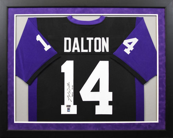 ANDY DALTON SIGNED TCU HORNED FROGS #14 BLACK FRAMED JERSEY W/ 2010 13-0