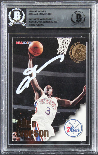 76ers Allen Iverson Authentic Signed 1996 Hoops #295 Rookie Card BAS Slabbed 4