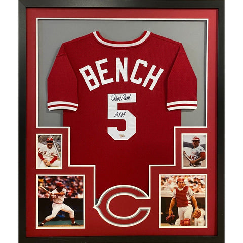 Johnny Bench Autographed Signed Framed Red Cincinnati Reds Jersey FANATICS