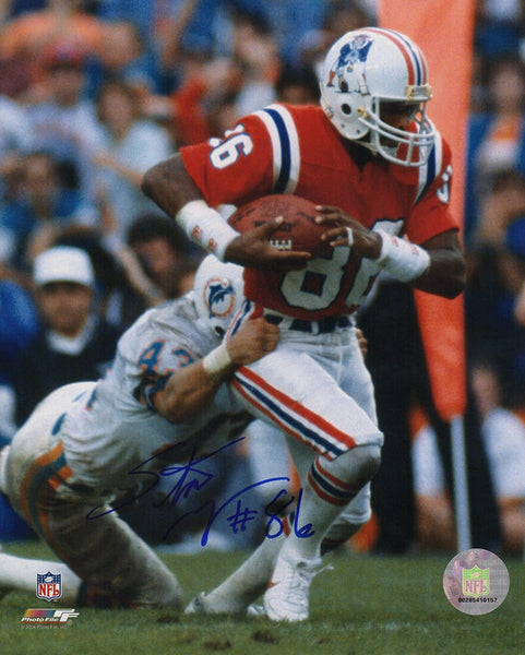 Stanley Morgan Signed Patriots Red Jersey Action 8x10 Photo- (SCHWARTZ COA)