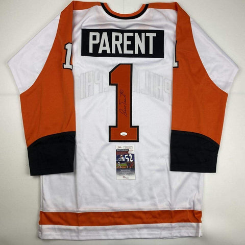 Autographed/Signed BERNIE PARENT Philadelphia White Hockey Jersey JSA COA Auto