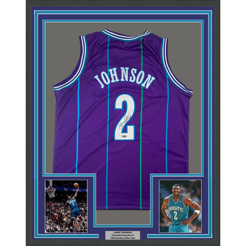 Framed Autographed/Signed Larry Johnson 33x42 Purple Jersey Steiner COA