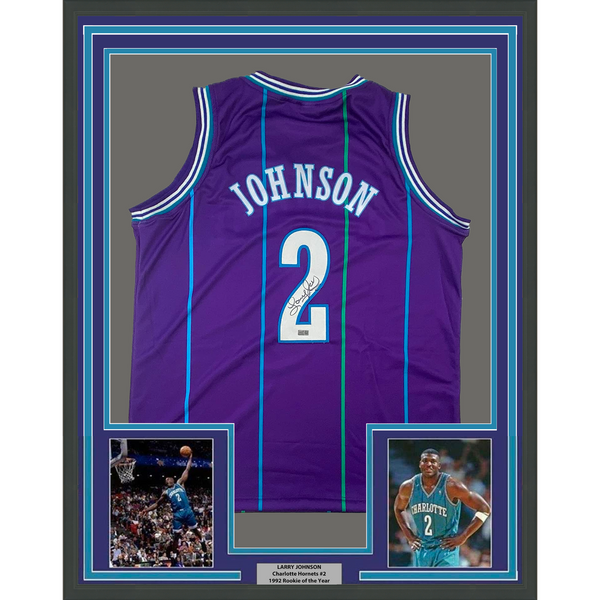 Framed Autographed/Signed Larry Johnson 33x42 Purple Jersey Steiner COA