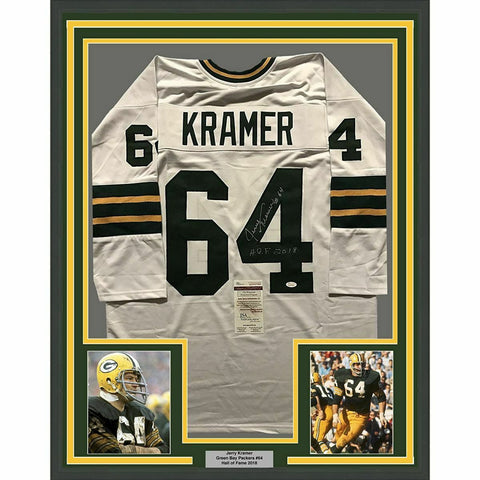 FRAMED Autographed/Signed JERRY KRAMER HOF 33x42 Green Bay White Jersey JSA COA