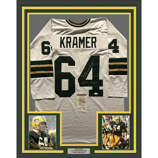 FRAMED Autographed/Signed JERRY KRAMER HOF 33x42 Green Bay White Jersey JSA COA