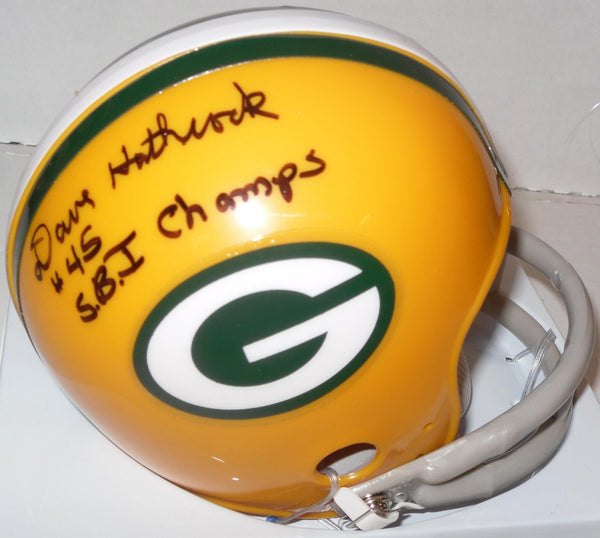 Green Bay Packers DAVE HATHCOCK Signed 2-Bar Mini Helmet AUTO - W/ SB I CHAMP