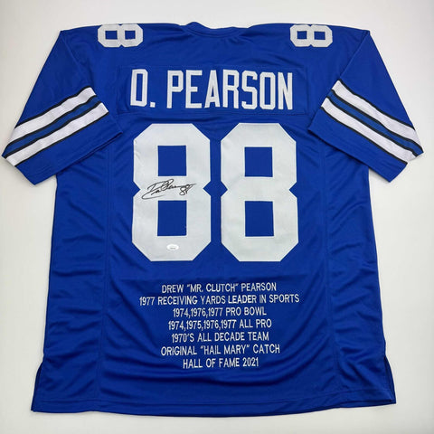 Autographed/Signed Drew Pearson Dallas Blue Stat Football Jersey JSA COA