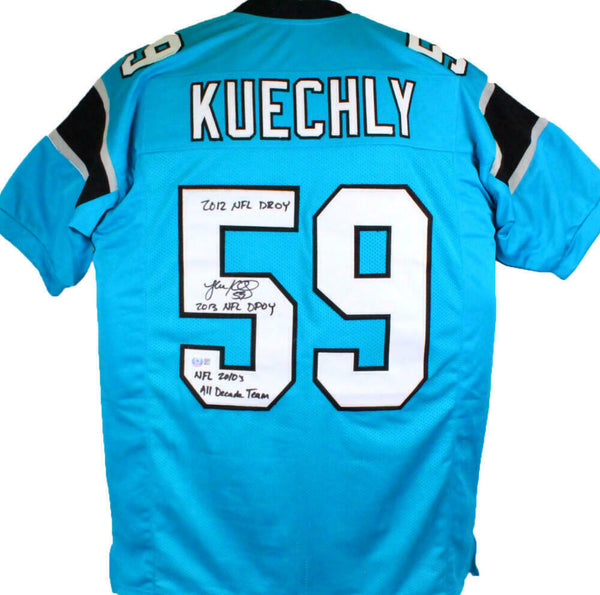 Luke Kuechly Autographed Light Blue Pro Style Jersey w/3 Insc- Beckett W Holo