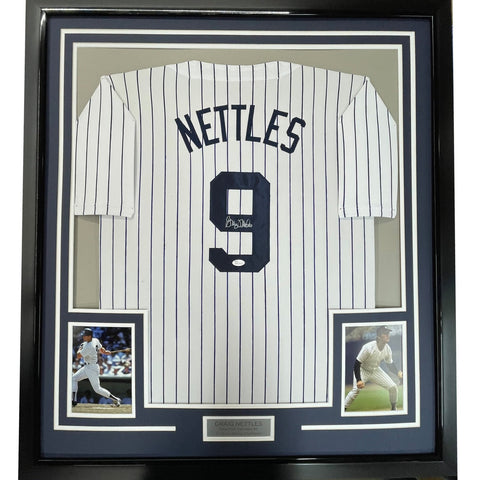 Framed Autographed/Signed Graig Nettles 35x39 NY Pinstripe Jersey JSA COA
