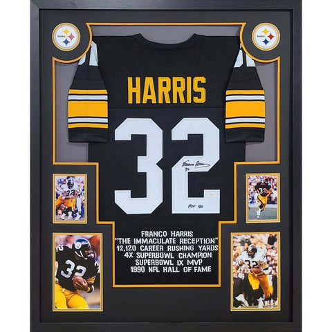 Franco Harris Autographed Signed Framed Black Stat Steelers Jersey JSA
