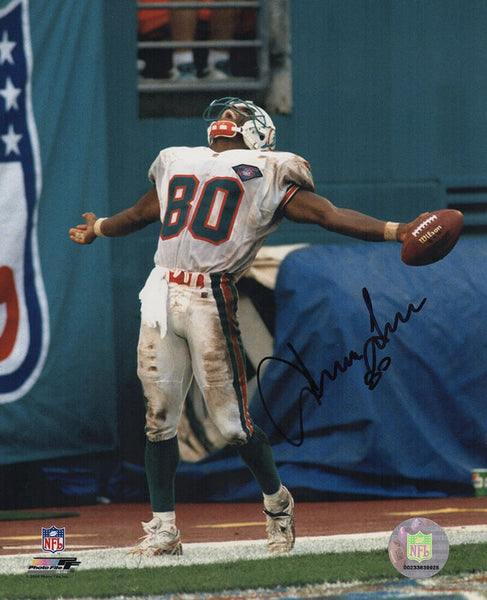 Irving Fryar Signed Dolphins White Jersey Celebration 8x10 Photo -(SCHWARTZ COA)