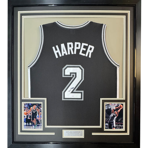Framed Autographed/Signed Dylan Harper 35x39 San Antonio Black Jersey JSA COA