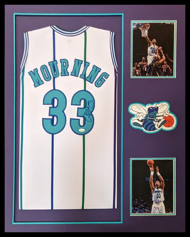 FRAMED CHARLOTTE HORNETS ALONZO MOURNING SIGNED JERSEY JSA COA