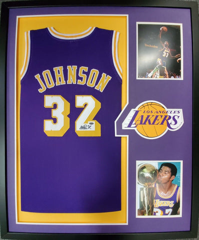 FRAMED L.A. LAKERS MAGIC JOHNSON AUTOGRAPHED SIGNED JERSEY LEAF COA