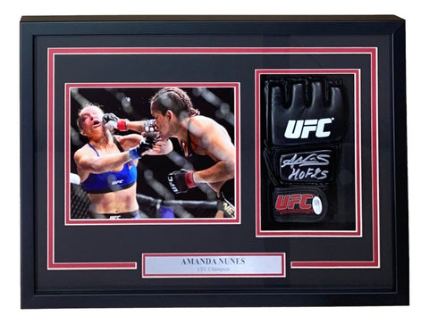 Amanda Nunes Signed UFC Glove HOF 25 w/ 8x10 Rousey Photo In Shadowbox JSA QR