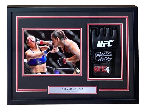 Amanda Nunes Signed UFC Glove HOF 25 w/ 8x10 Rousey Photo In Shadowbox JSA QR