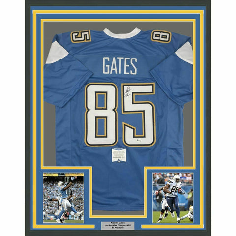 FRAMED Autographed/Signed ANTONIO GATES 33x42 LA Powder Blue Jersey Beckett COA