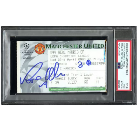 Ronaldo Nazario Signed 2003 UCL 3 Goals vs Man U Match Ticket Inscribed - PSA 3