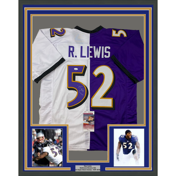 Framed Autographed/Signed Ray Lewis 33x42 Baltimore Purple White Jersey JSA COA
