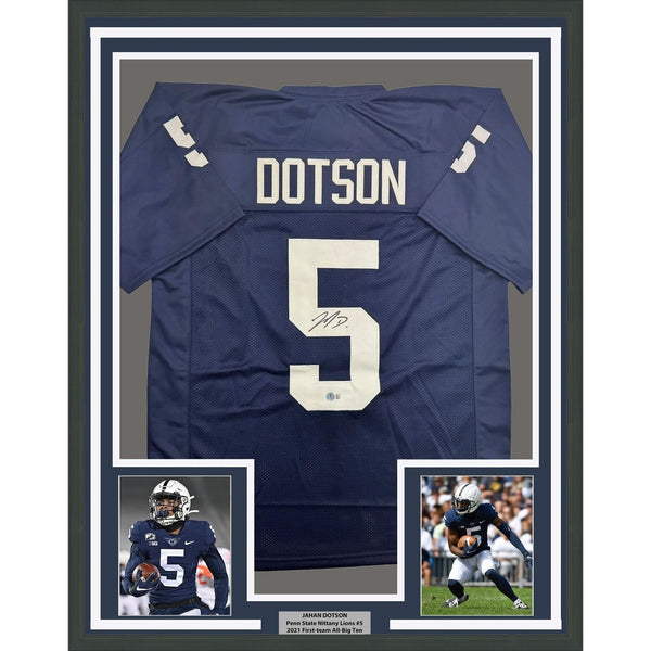 Framed Autographed/Signed Jahan Dotson 35x39 Penn State Blue Jersey BAS COA