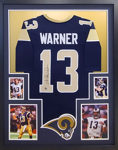 Kurt Warner Autographed Signed Framed Navy St. Louis Rams Jersey BECKETT