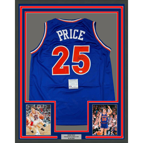 Framed Autographed/Signed Mark Price 33x42 Cleveland Blue Jersey PSA COA