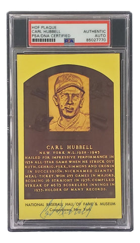 Carl Hubbell Signed 4x6 New York Giants Hall Of Fame Plaque Card PSA/DNA