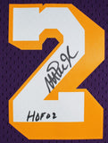 Lakers Magic Johnson "HOF 02" Signed Purple M&N HWC Swingman Framed Jersey BAS W