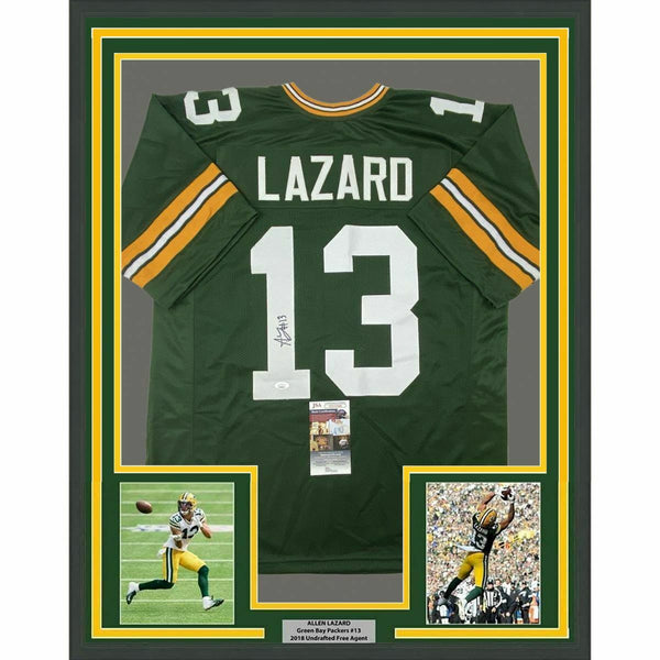 FRAMED Autographed/Signed ALLEN LAZARD 33x42 Green Football Jersey JSA COA