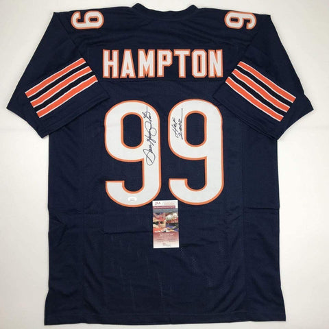 Autographed/Signed DAN HAMPTON HOF 2002 Chicago Blue Football Jersey JSA COA